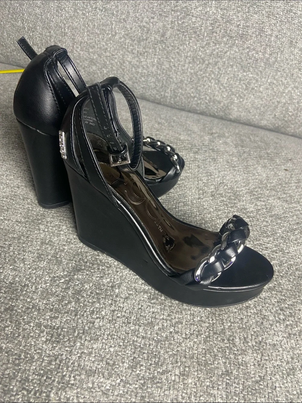 Sugar Women’s Black Wedge Sandals with Chain Accent size 6 M